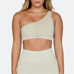 SET Active Oat Milk Luxform One Shoulder Sports Bra and Biker Shorts Set | Small